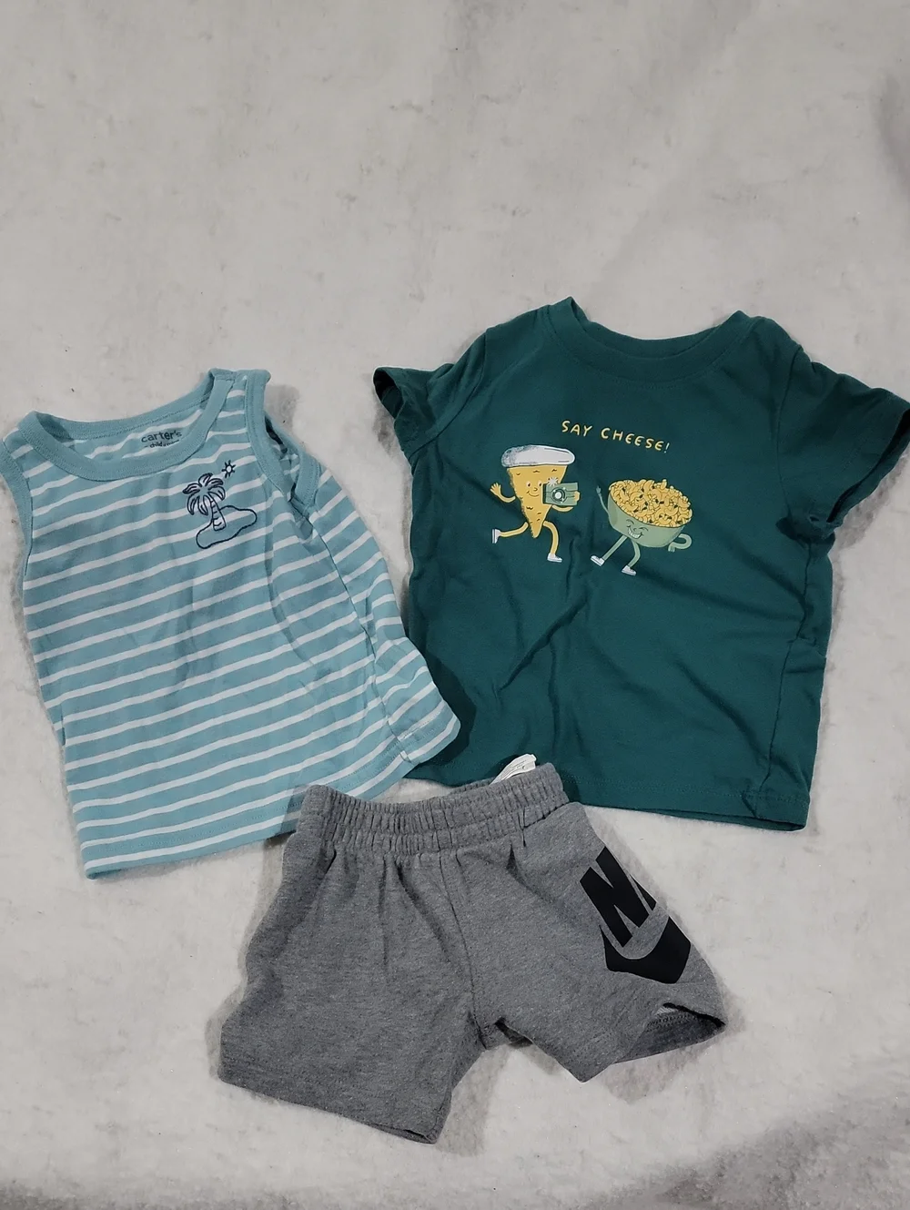 Green 'Say Cheese' Graphic Tee + Blue Stripe Tank & Gray Nike Shorts Set